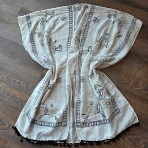 Cover up Black Floral Embroidered Black Pom-Pom One Size